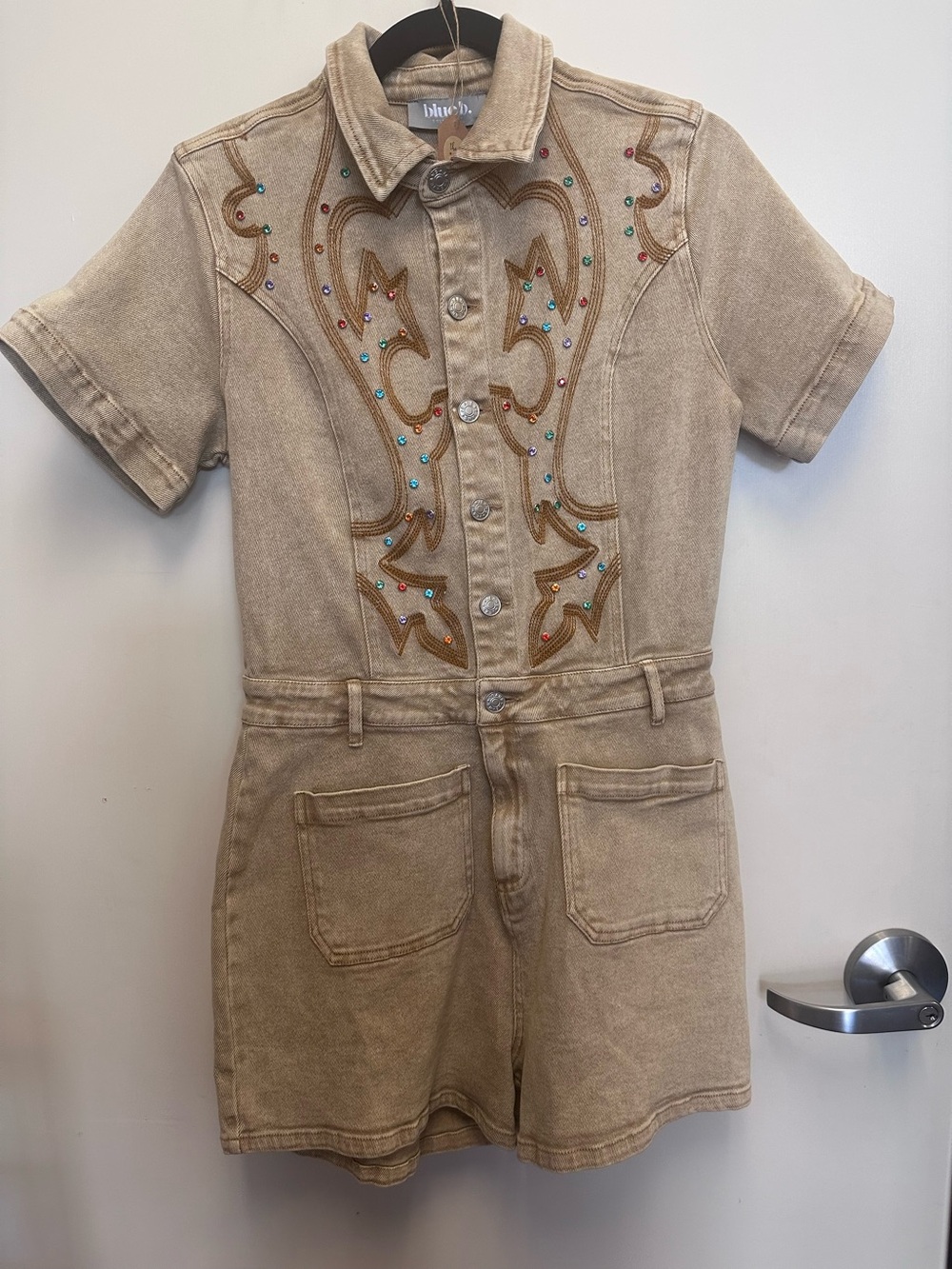 Blue B Tan Short-Sleeve Embellished Denim Romper with Multicolored Rhinestones